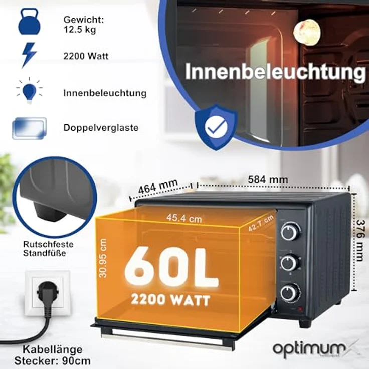 OptimumX Minibackofen 60 Liter XXL mit Umluft, 2200W, Drehspieß, Anthrazit – Bild 2
