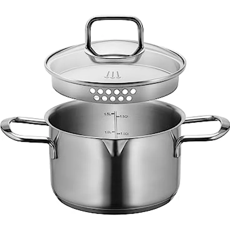 MÄSER Sanvito, Kochtopf 16 cm mit Glasdeckel und praktischem Ausgießer, kleiner Edelstahl Topf mit Siebdeckel und Literskala, geeignet für Induktion, Edelstahl 18/10