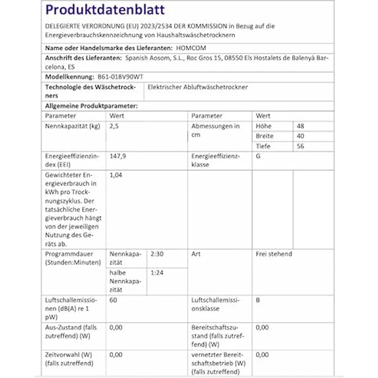HOMCOM Waschtrockner B61-018V90WT, kompakt 4 kg, 5 Trockenprogramme, 60°C Heizzyklus, IPX4 Wasserschutz, Weiß – Bild 10