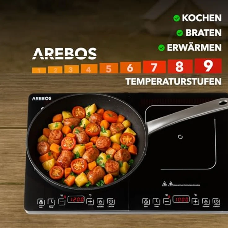 Arebos Doppel-Induktionskochplatte 3500W, tragbar mit 2 Kochzonen, Touch-Display, Timer, Überhitzungsschutz und energieeffizientem Design für Camping und Outdoor – Bild 3