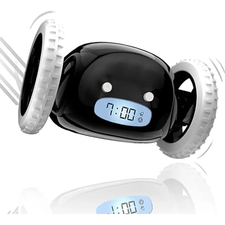 CLOCKY Funny Gift- Loud Alarm Clock on Wheels, Black, Run Away Moving Jump Roll Vibrating, 1-Time Snooze, Digital, Wake Up Energized – Bild 1