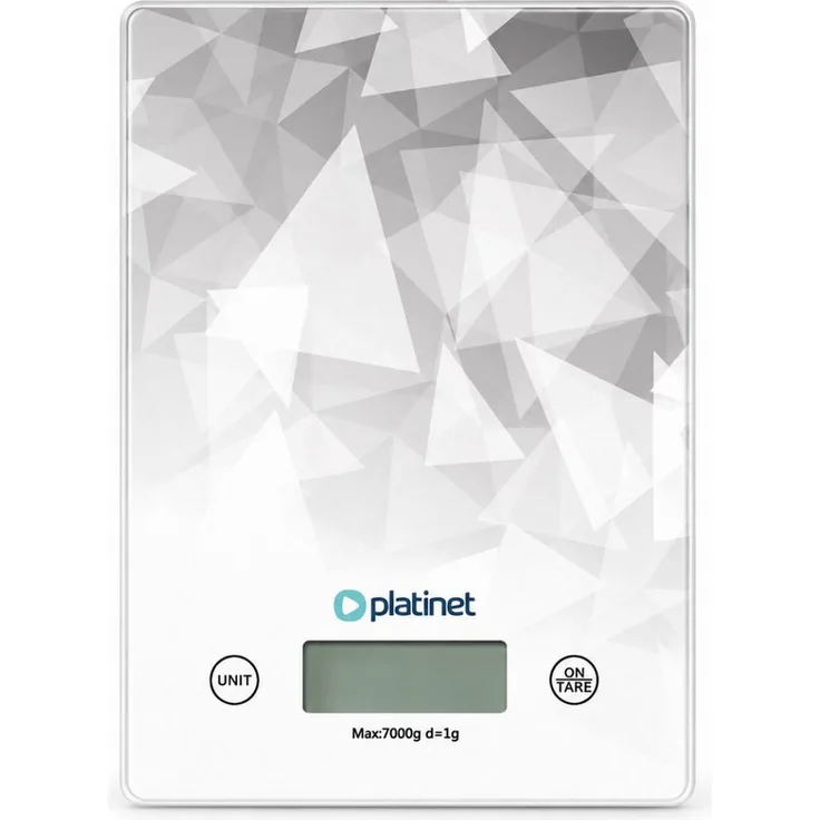 Platinet Küchenwaage PBSKD, digitale Glaswaage mit Tara-Funktion, 1-g-Teilung, 5 Maßeinheiten, Weiß mit Grafik