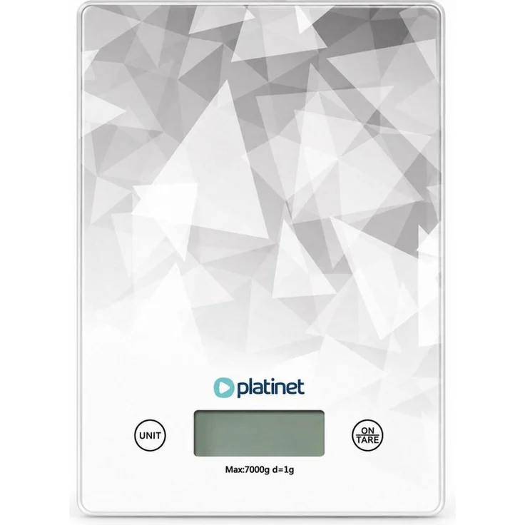 Platinet Küchenwaage PBSKD, digitale Glaswaage mit Tara-Funktion, 1-g-Teilung, 5 Maßeinheiten, Weiß mit Grafik