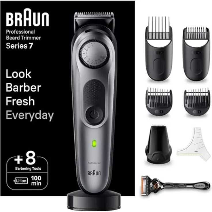 Braun Series 7 BT7420 Barttrimmer, Trimmer/Haarschneider Herren, Haarschneidemaschine Profi, 40 Einstellungen, Ladestation, Reiseetui, Bartschablone, 100 Min. kabellose Laufzeit, wasserdicht