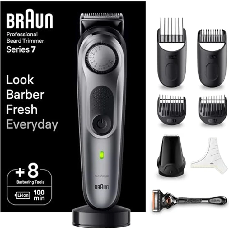 Braun Series 7 BT7420 Barttrimmer, Trimmer/Haarschneider Herren, Haarschneidemaschine Profi, 40 Einstellungen, Ladestation, Reiseetui, Bartschablone, 100 Min. kabellose Laufzeit, wasserdicht – Bild 1