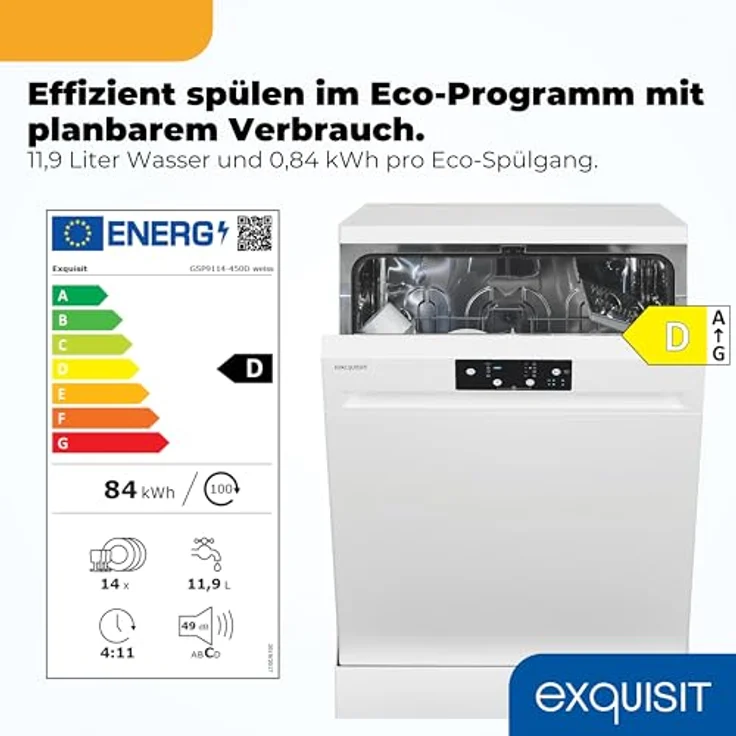 Exquisit GSP9114-450D, Geschirrspüler mit 14 Maßgedecken, 4 Programmen und Startzeitvorwahl, weiß – Bild 3