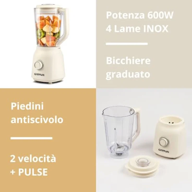 G3 Ferrari G20162 Standmixer, 600 W, 1,5 Liter, Glasbecher, 4 Klingen, 2 Geschwindigkeitsstufen, Weiß – Bild 2