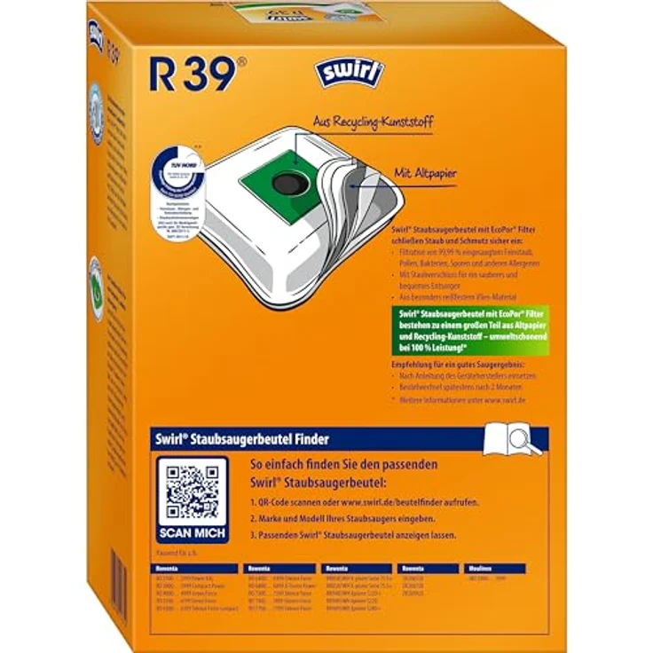 Swirl R39 Staubsaugerbeutel, 4er Pack mit MicroPor® Plus Anti-Allergen-Filter für Rowenta und Moulinex Geräte – Bild 2