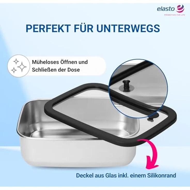 elasto Edelstahl Lunchbox RILO, Brotdose mit Glasdeckel, 550 ml, auslaufsicher, silber/blau, für Kinder & Erwachsene – Bild 4