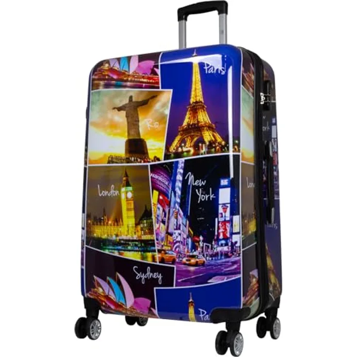 Trendyshop365 großer Reisekoffer Hartschale 77 cm - Janeiro, bunter Koffer mit New York, Sydney, London, Paris und Rio Motiven, 94 Liter Packvolumen, Polycarbonat, 360° Doppelrollen