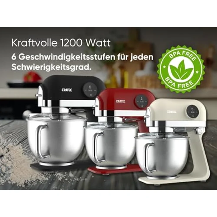 ERATEC Küchenmeister Deluxe Küchenmaschine in Schwarz - 1200W, 6-Gang, 5,5L Edelstahlschüssel, inkl. Zubehör für Teig & Mehr - Modern & Leistungsfähig – Bild 5