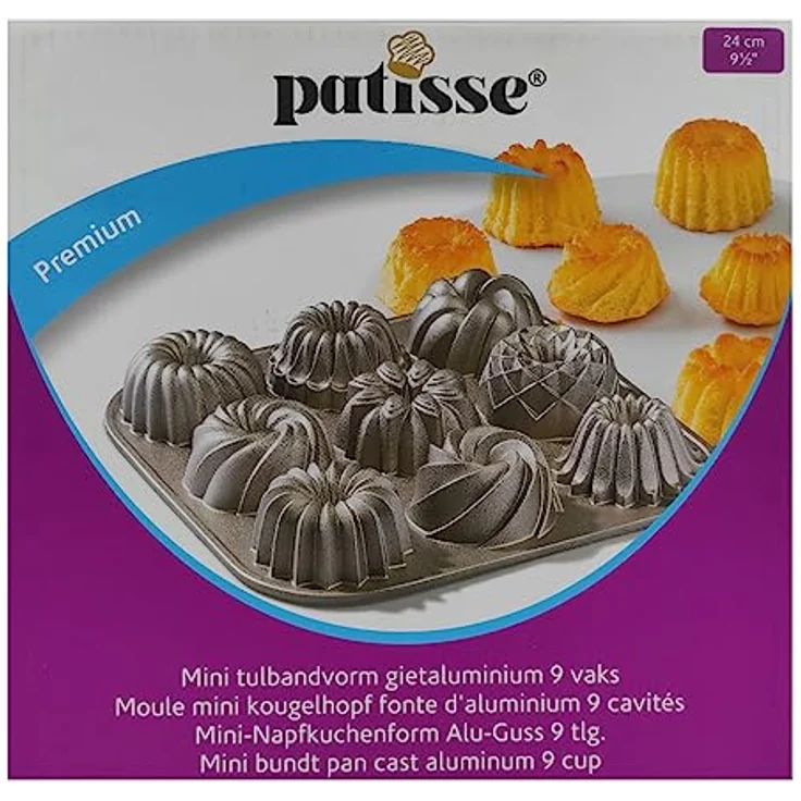 patisse 04521 – Backform für 9 Mini-Gugelhuffs, 9 Mini-Bundt Cakes, Aluminiumguss, goldfarben, 24 x 24 x 4,5 cm – Bild 5