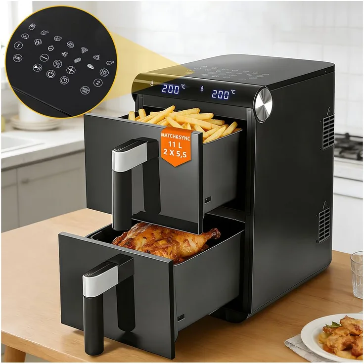 Nettlife Heißluftfritteuse 11L, 2 unabhängige Kammern, 13-in-1 Doppelzonen-Funktion, 2800 W, Automatische Abschaltung, Dual Zone Temperatursteuerung, Timer