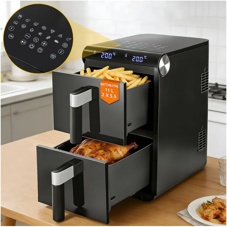 Nettlife Heißluftfritteuse 11L, 2 unabhängige Kammern, 13-in-1 Doppelzonen-Funktion, 2800 W, Automatische Abschaltung, Dual Zone Temperatursteuerung, Timer
