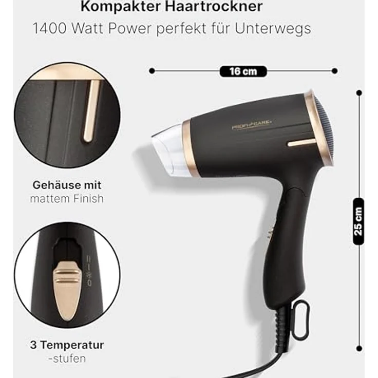 ProfiCare PC-HT 3009 Kompakter Haartrockner, platzsparende Aufbewahrung durch Klappgriff, 2 Temperatur--Leistungsstufen, braun-bronze – Bild 2