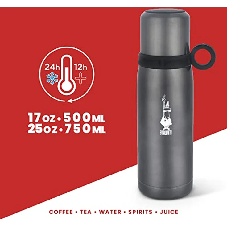 Bialetti TZ Ml. 460 To Go Thermoflasche mit Deckelbecher (doppelwandig), hält 12 h heiß und 24 h kalt, 460 ml Fassungsvermögen, Stahl, Dunkelgrau – Bild 3