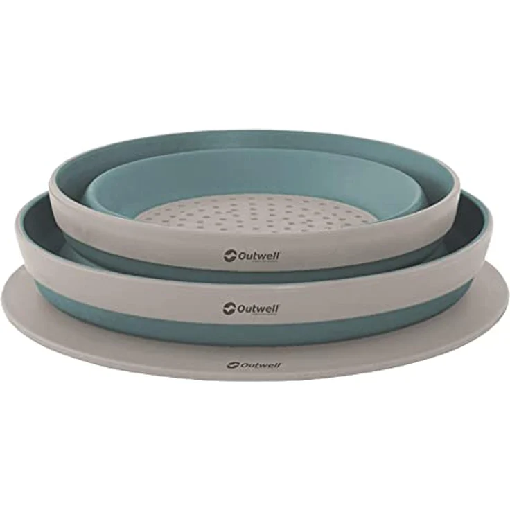 Outwell Collapse Schüssel- und Sieb-Set, faltbar, 2 Becken, 3,5 l, blau/grau, mit Schneidebrettdeckel und Saftrinne – Bild 3