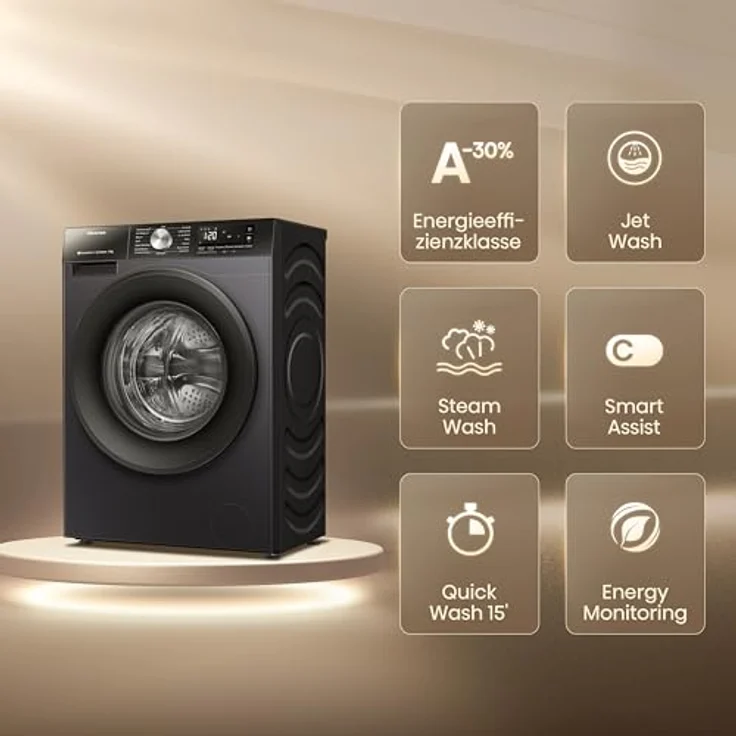 Hisense WF3S9043BB3 Waschmaschine mit Dampffunktion, 9 kg, 1400 U/min, WiFi, Power JetWash, Anti-Allergie Programm, Aqua Stop, Auto Wash, EEK A-30 Prozent, Schwarz – Bild 3