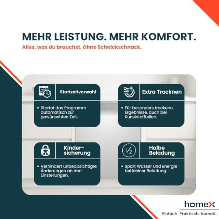 homeX GSBU6012AE Geschirrspüler 60 cm Unterbau, 12 Maßgedecke, 6 Programme, AquaStop, schwarz – Bild 8