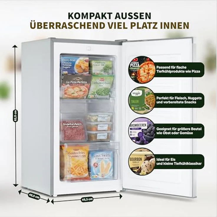 Stolthoff® Mini Gefrierschrank 63L, 4 Sterne Tiefkühlschrank bis -18 °C, leise 39 dB, wechselbarer Türanschlag, freistehend, Silber – Bild 4