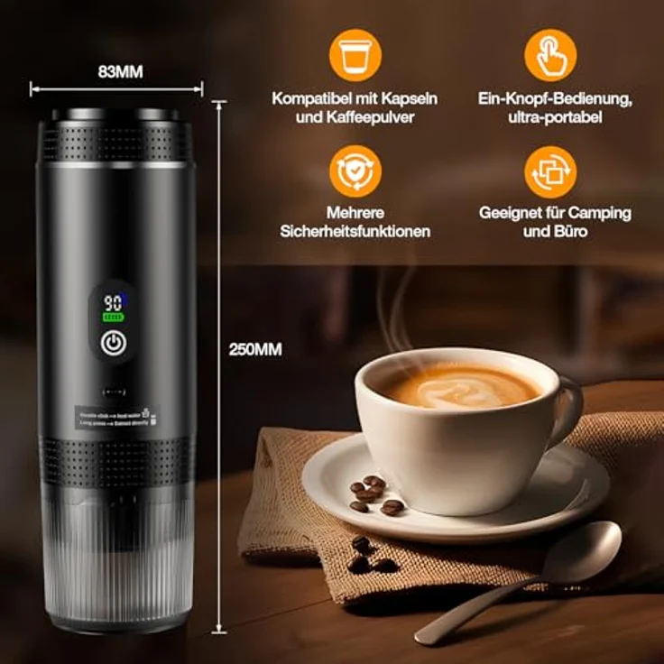 FNITAER Mini Kaffeemaschine für unterwegs, 3 in 1 Akku Espressomaschine mit USB, kompatibel mit Kapsel und gemahlenem Kaffee, 150 ml Tassenkapazität, für Wohnmobile und Camping – Bild 5