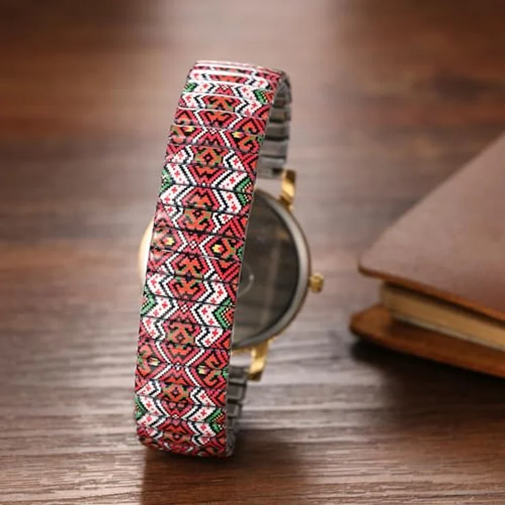 JewelryWe Boho Elastische Armbanduhr, Analog Quarz Uhr mit großen Zahlen, Edelstahl Stretcharmband im bunten Ethno-Stil, 1ATM Wasserschutz – Bild 3