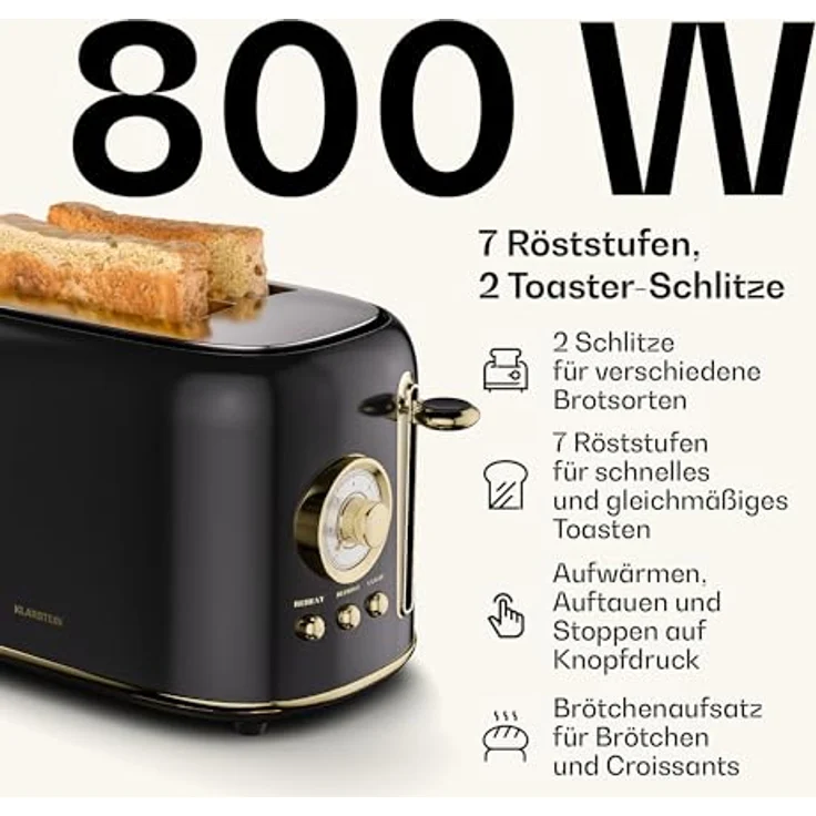 Klarstein Victoria Toaster Wasserkocher Set, Retro Design, 2 Scheiben Toaster mit 7 Bräunungsstufen & Brötchenaufsatz, 1,7L Wasserkocher mit Kalkfilter, Schwarz – Bild 4