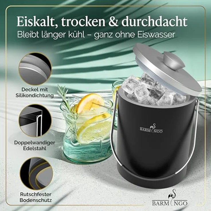 BARMINGO Edelstahl Eiswürfelbehälter mit Deckel, 2l doppelwandig und isoliert, mit Sieb und Zange, BPA-frei, Schwarz-Silber – Bild 4