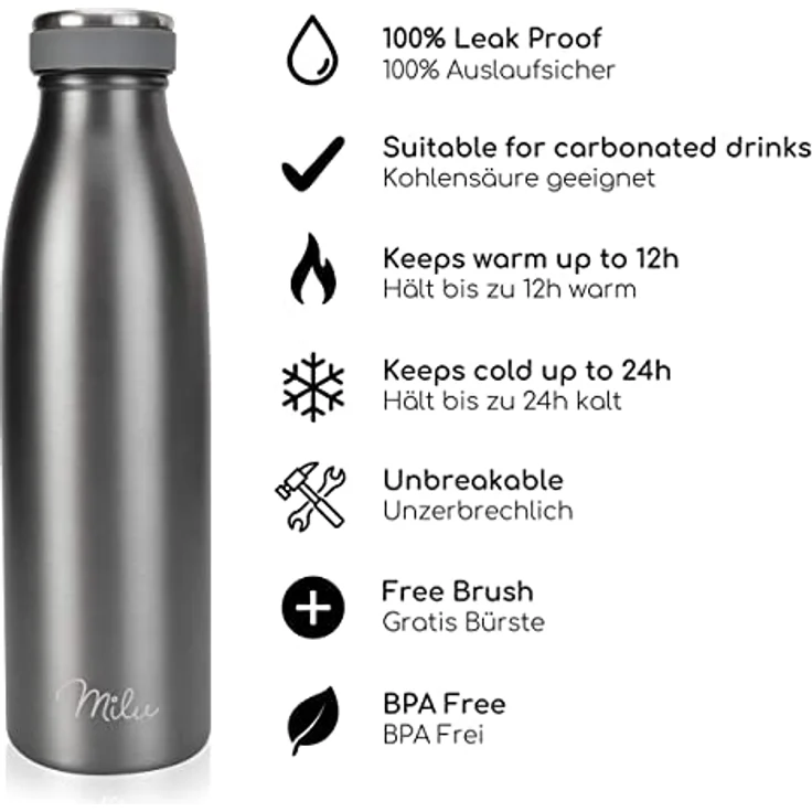 Milu Edelstahl Trinkflasche 350ml 500ml 750ml 1L 1,5L Thermosflasche, Isolierte Wasserflasche, Auslaufsichere Isolierflasche doppelwandig, Kohlensäure geeignet – inkl. Reinigungsbürste (Grau) – Bild 2
