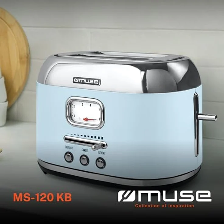 MUSE Retro Toaster, 2 Scheiben, 6 Bräunungsstufen, analoge Anzeige, beleuchtete Tasten, Krümelschublade, pastell blau – Bild 2