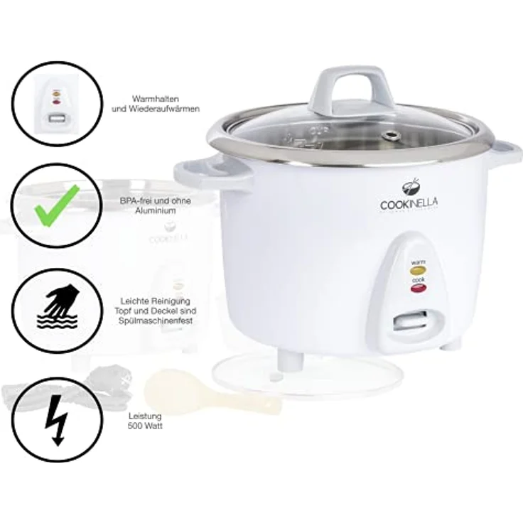 KeMar Reiskocher (1,4L, 500W, Weiß) Edelstahltopf - Glasdeckel mit Bambuslöffel & Messbecher - elektrischer Reiskocher Edelstahlschüssel, Warmhaltefunktion, 7 Messbecher für 1-6 Personen, KRC-200 – Bild 3