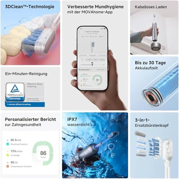MOVA Fresh Pro 3DClean™ Elektrische Zahnbürste mit App, Schallzahnbürste für Erwachsene, 2 Bürstenköpfe und Reiseetui, 3-in-1-Ersatzbürstenkopf mit Halter, 30 Tage Akkulaufzeit, Silber – Bild 2