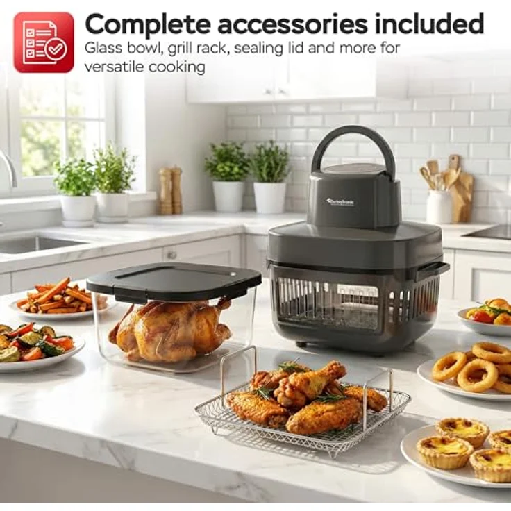 TurboTronic Heißluftfritteuse TT-AFG6, 6 L Glas Airfryer mit 1600 W, digitalem Touch-Display, 7 Programmen, Temperaturregelung 50–180 °C, BPA-frei, grau – Bild 3