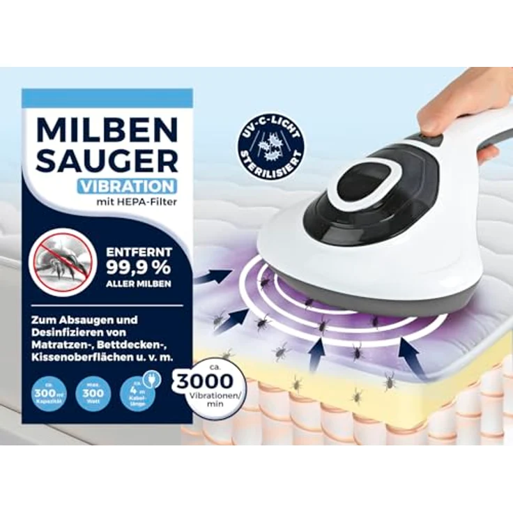 Bob Home Milbensauger 300W, Matratzensauger mit UV-C-Licht und HEPA-Filter für hygienische Reinigung – Bild 2