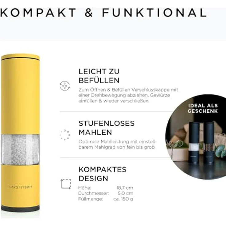 LARS NYSØM Salz und Pfeffer Mühle 2er Set Manuell mit einstellbarem Keramik-Mahlwerk von grob bis fein I Design Gewürzmühlenset (2 Stück) (Spicy Mustard) – Bild 4