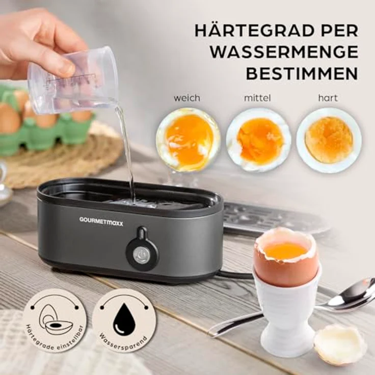 GOURMETmaxx Eierkocher für 3 Eier, kompakter Egg Boiler mit 3 Härtegraden, Eierstecher und spülmaschinenfesten Teilen, Anthrazit – Bild 3