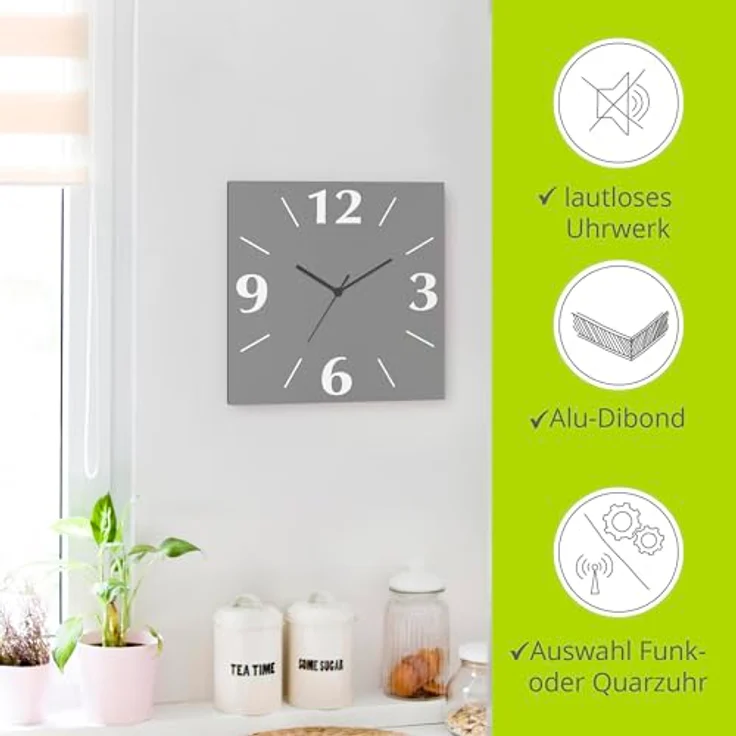 ARTLAND Wanduhr ohne Tickgeräusche Alu Quarzuhr 30x30 cm Quadratisch Lautlos 4 Ziffern Farbig Schlichtes Design Grau S7KC – Bild 2