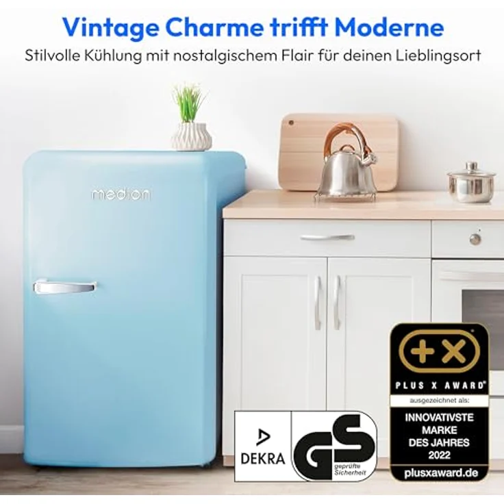 MEDION Retro Kühlschrank MD 37800 (91 Liter, 91cm Höhe, höhenverstellbare Füße, Metall Türgriff) blau – Bild 2