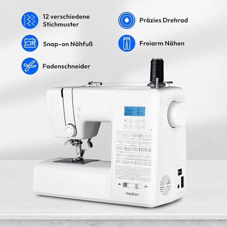 Medion® Computer-Nähmaschine MD 11881, 270 Stichmuster, 1-Schritt Knopfloch, 8 Programme, Doppelnadelfunktion, Automatischer Einfädler, Geschwindigkeitsregler – Bild 2