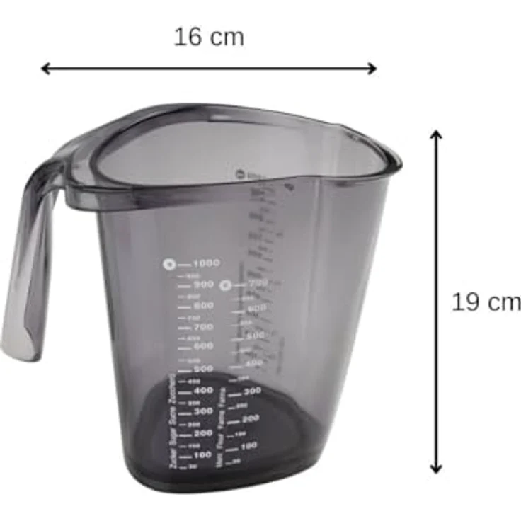 Dr. Oetker Messbecher 1000ml, Messkanne aus robustem Kunststoff, dreiecksförmiger Messbecher mit vielfältiger Skalierung, auch internationale Maßangaben, (Maße: 19x16x12,5 cm), (Farbe nicht wählbar: blau oder transparent), Menge: 1 Stück – Bild 3