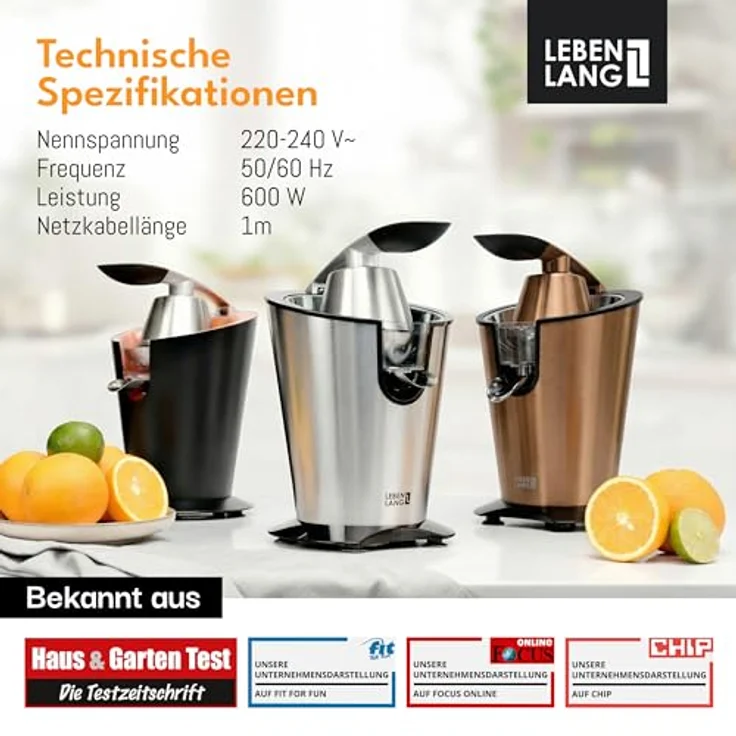 Lebenlang Zitruspresse, elektrische Saftpresse 600W mit Edelstahlkegel und BPA-frei, Schwarz & Silber – Bild 6