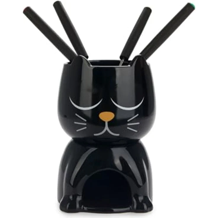 Balvi Schokoladenfondue-Set WAKE CAT, Fondue Set in Schwarz mit originellem Katzendesign, inklusive 4 Gabeln und Teelicht, Keramik, Maße: 10,5 x 10,5 x 16 cm – Bild 8