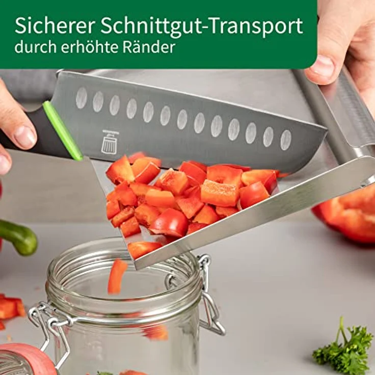 FACKELMANN Chefkoch Gemüsetaxi aus Edelstahl, praktische Küchenschaufel mit erhöhten Rändern, spülmaschinengeeignet, 15 x 15 x 3,5 cm – Bild 5