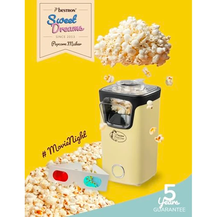 Bestron Popcornmaschine APC200V, Gelb, transparente Abdeckung, kein Öl erforderlich, 1100 W – Bild 2