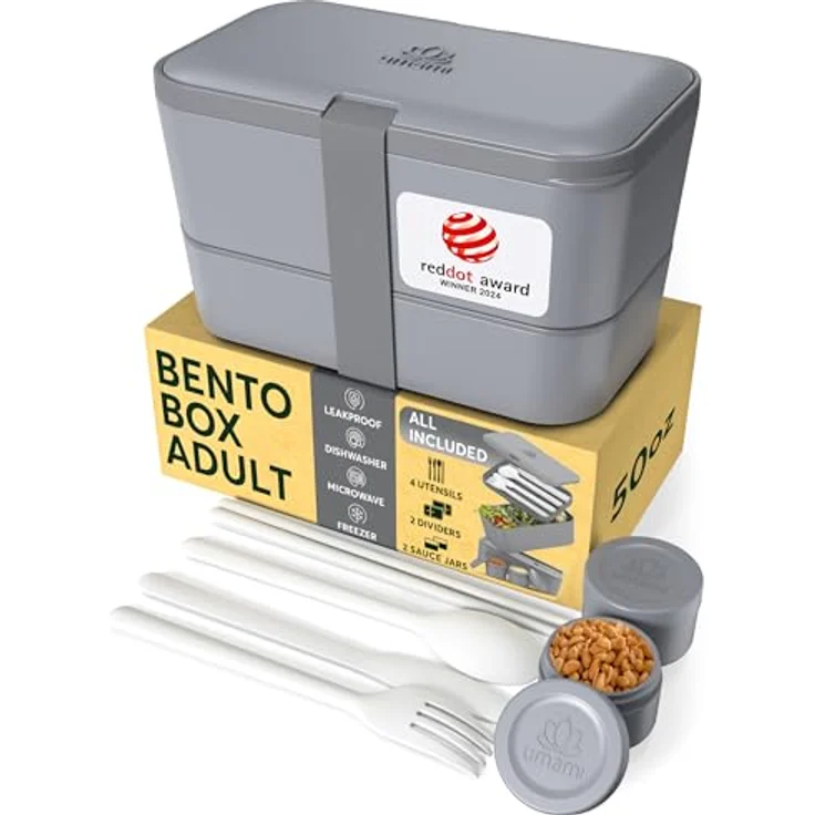UMAMI Bento Lunchbox für Erwachsene, Auslaufsichere Brotdose mit Besteck und 2 Saucenbehältern, Fächer für Meal Prep, ideal für Salat und Snacks – Bild 1