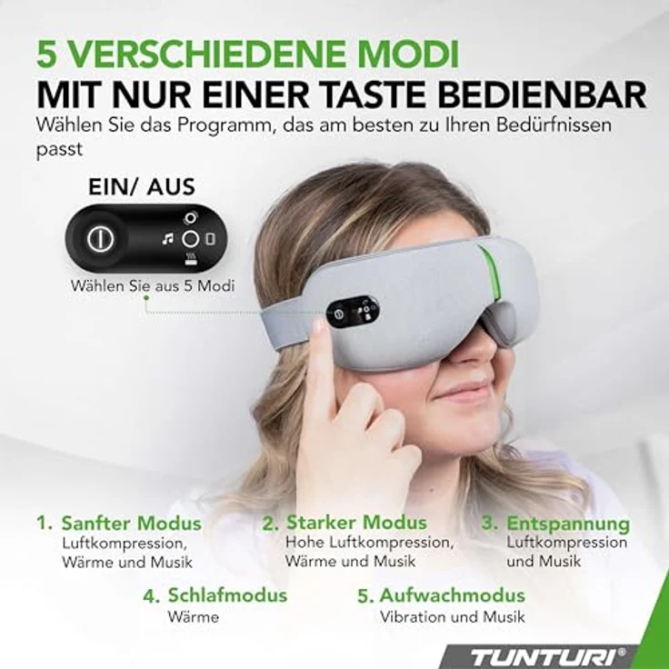 Tunturi EM50 Augenmassagegerät, Entspannung gegen Müdigkeit, 5 verschiedene Modi, 1,5 Stunden Akkulaufzeit – Bild 5
