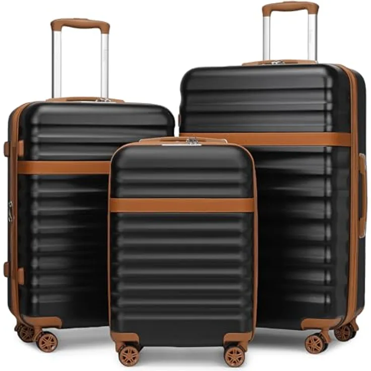 KONO Koffer Trolley Kofferset 3 Teilig, Hartschalenkoffer aus ABS+PC mit 4 Rollen und TSA Schloss, Schwarz/Braun