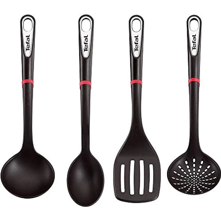 Tefal Ingenio K206S4 Küchenhelfer-Set | Suppenkelle, Gemüselöffel, Löffel, Bratwender | Kunststoff | Schwarz/Silber/Rot- 17,2 x 8,1 x 36 cm (LxBxH)