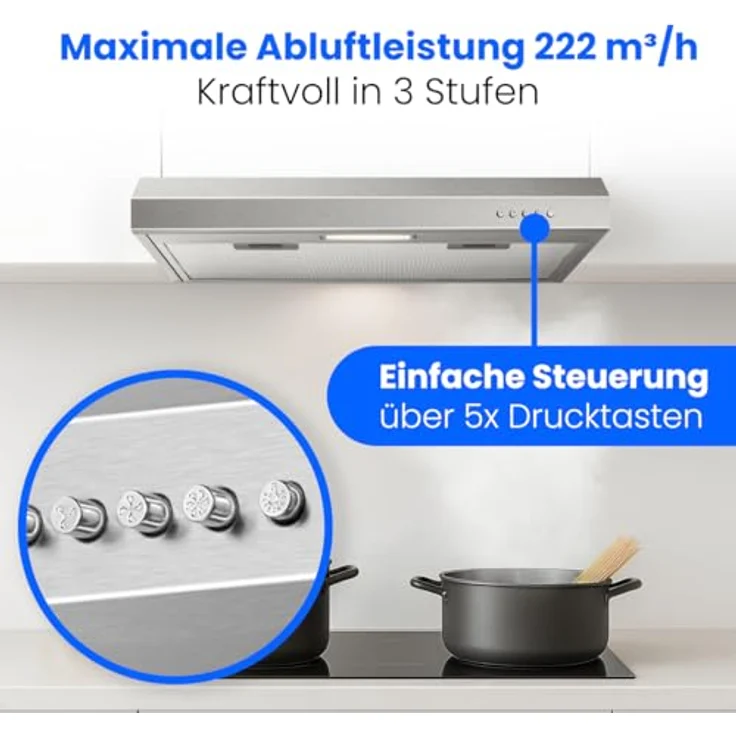 Bomann® Dunstabzugshaube DU 7613 inox, 60 cm Unterbau, Umluft- und Abluftbetrieb, 222 m³/h, LED-Beleuchtung, inklusive Montage-Material – Bild 6