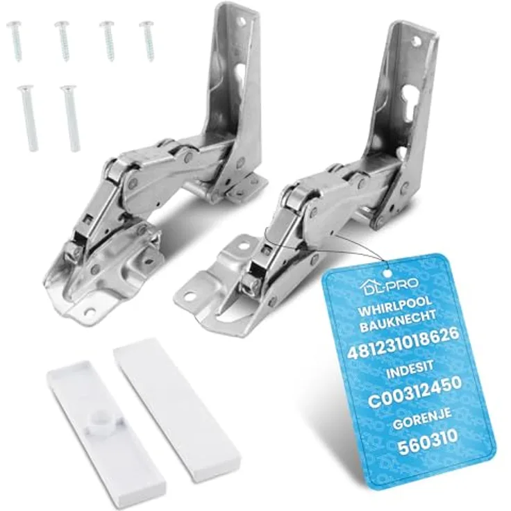 DL-pro Türscharnier Set oben + unten für Whirlpool Bauknecht Ignis 481231018626, Indesit Hotpoint C00312450, 2 Scharniere mit Montagesatz, robust und langlebig